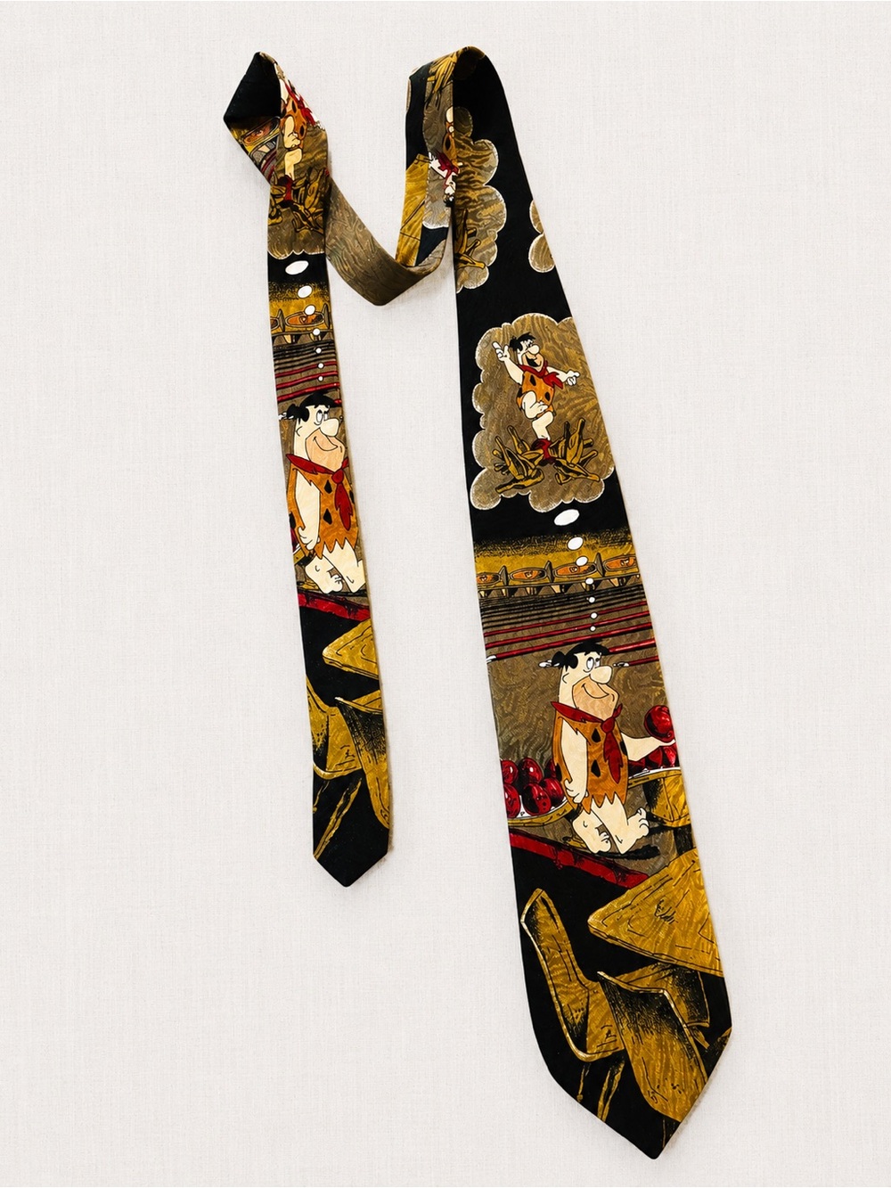 Vintage The Flintstones Black & Gold Cartoon Silk Tie